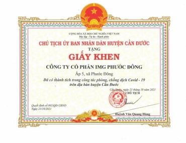 Chủ tịch UBND Huyện Cần Đước khen tặng Công ty CP IMG Phước Đông trong công tác phòng, chống dịch Covid-19